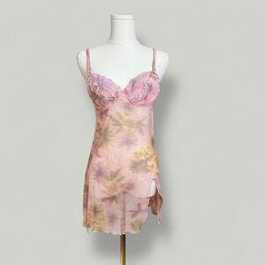 Vintage Charme Lingerie Women Size 2 XS Pink Floral Embroidered Sheer Spaghetti